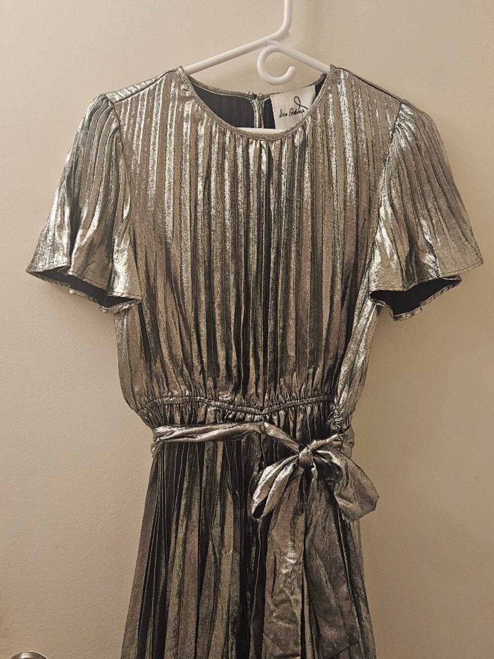 SAM EDELMAN Metallic Silver Pleated Plisse Mini Tie Waist Flutter Dress Size 6